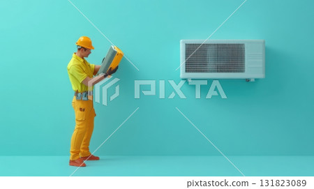 Worker installs air conditioning unit in bright turquoise room during afternoon repairs 131823089