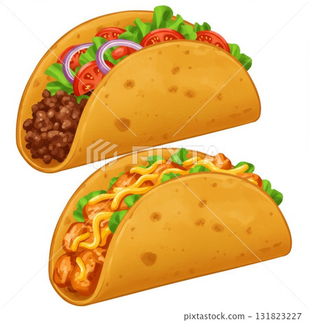 Two Tacos with Different Fillings: Ground Beef and Chicken 131823227