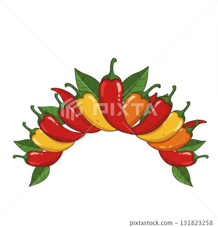 Arrangement of Red and Yellow Chili Peppers with Green Leaves 131823258