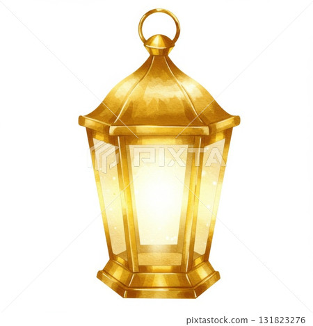 Glowing Gold Metal Lantern with Warm Light 131823276