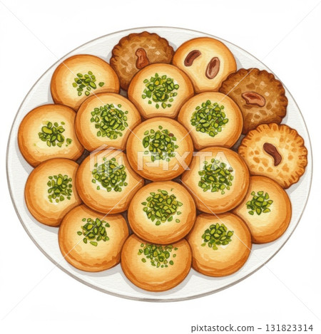 Assorted Round Cookies with Pistachios on White Plate 131823314