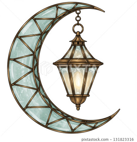 Bronze Lantern Hanging from a Teal Geometric Crescent Moon 131823316