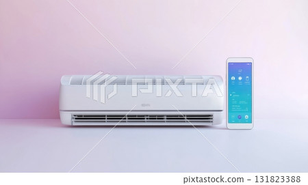 Modern air conditioner with smart control display on pastel background in a cozy indoor setting Modern air conditioner with smart control display on pastel background in a cozy indoor setting 131823388