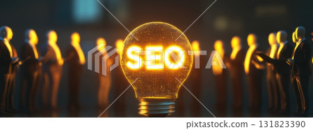 Bright SEO light bulb illuminating a group of professionals engaged in a discussion about digital marketing strategies in a modern office setting Bright SEO light bulb illuminating a group of professionals engaged in a discussion about digital marketing strategies in a modern office setting 131823390