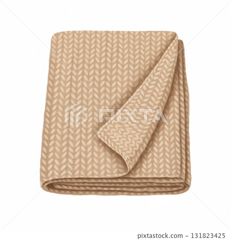 Beige Knitted Blanket Folded on White Background 131823425