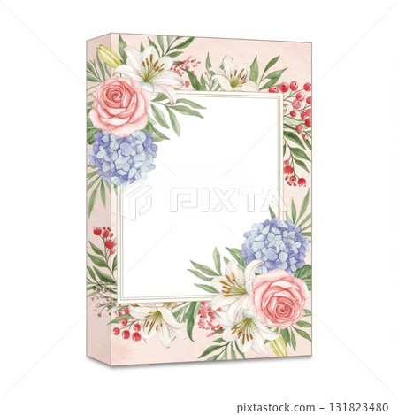 Watercolor Floral Frame with Roses Hydrangea and Lilies 131823480