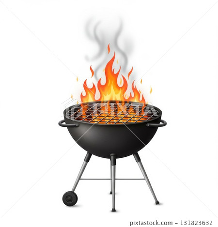 Black Round Grill with Bright Flames and Smoke on White Background Black Round Grill with Bright Flames and Smoke on White Background 131823632