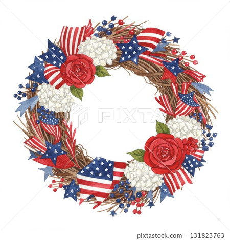 Patriotic Wreath with Red Roses and Hydrangeas 131823763
