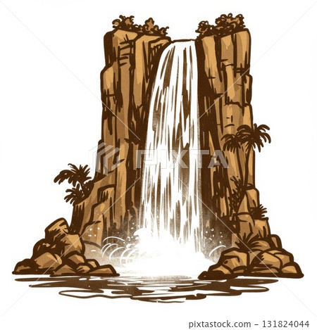 Brown Waterfall Illustration with Palm Trees 131824044