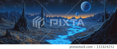 Exploring a mystical alien landscape with glowing rivers and distant planets in a starry night sky 131824252