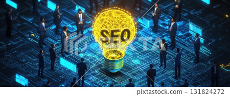 Group of professionals gathers around glowing SEO light bulb in a digital landscape Group of professionals gathers around glowing SEO light bulb in a digital landscape 131824272