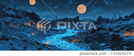 Mystical night landscape showcasing glowing river under two full moons in a starry sky 131824274