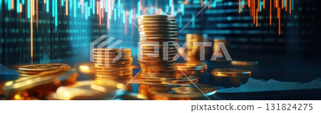Stacks of coins and digital graphs represent the rise of cryptocurrency investment in a futuristic setting 131824275