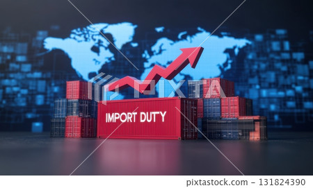 Global trade and import duty trends illustrated through rising charts and cargo containers in a digital landscape 131824390