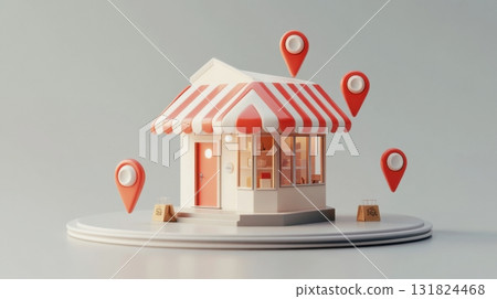 Colorful shop model with location markers for delivery and service optimization 131824468