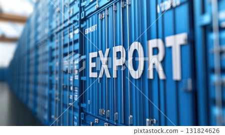 Blue shipping containers lined up for export at a logistics facility in an urban area during daylight hours 131824626