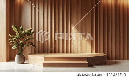 Modern wooden display stage with potted plant in a minimalist interior setting 131824743