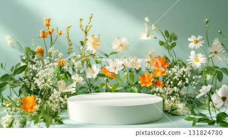 Vibrant floral arrangement on a pastel background with a circular display stand for showcasing products Vibrant floral arrangement on a pastel background with a circular display stand for showcasing products 131824780