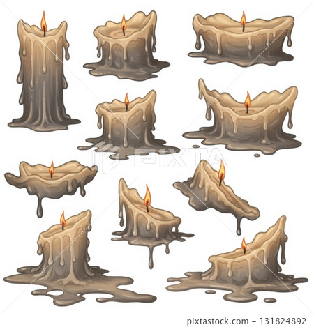 Melted Brown Candles with Dripping Wax on White Background 131824892