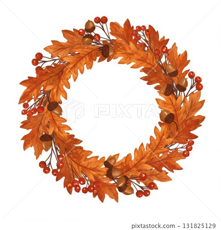 Autumn Wreath with Oak Leaves Acorns and Berries 131825129
