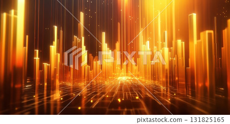 Dynamic display of golden light structures creates a futuristic landscape with vertical lines representing energy flow 131825165