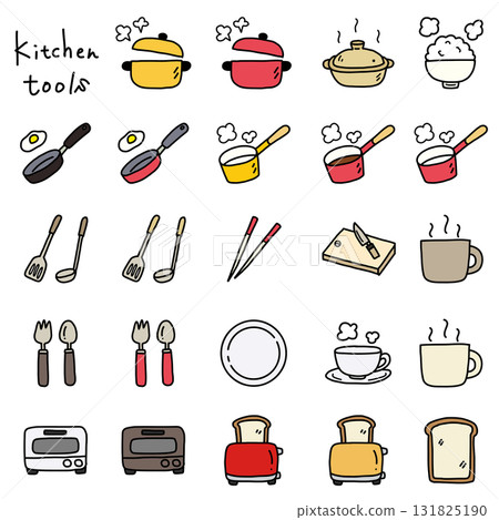 Simple and cute hand-drawn line kitchen utensil illustration set 131825190