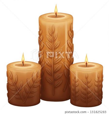 Three Brown Embossed Leaf Candles on White Background 131825283