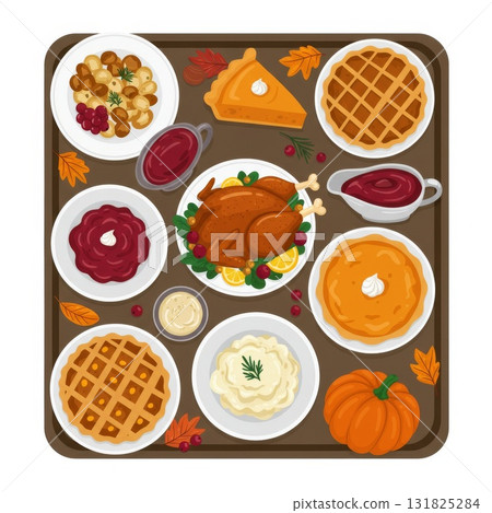 Thanksgiving Feast: Roasted Turkey with Sides and Pies 131825284