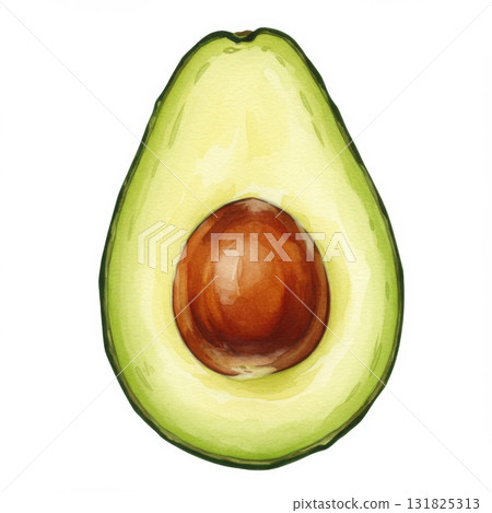Watercolor Painting of a Halved Ripe Avocado 131825313
