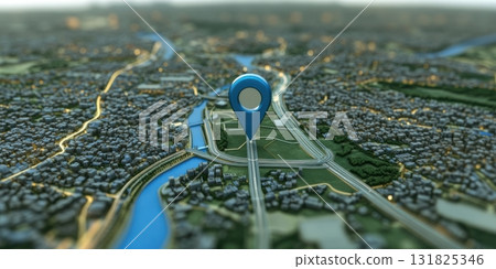 City landscape with a location pin highlighting a central point of interest by a river during twilight hours 131825346