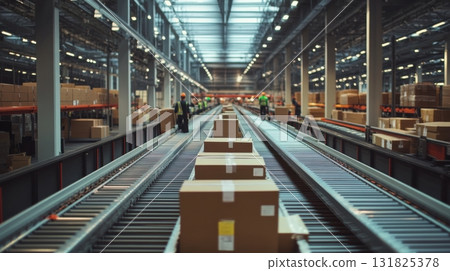 Busy distribution center with workers and packages during daylight hours 131825378