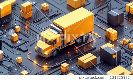 Dynamic transportation network on a futuristic circuit board showcasing a yellow delivery truck surrounded by packages Dynamic transportation network on a futuristic circuit board showcasing a yellow delivery truck surrounded by packages 131825522