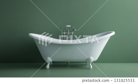 Elegant freestanding bathtub placed against a soothing green wall in a minimalist bathroom setting Elegant freestanding bathtub placed against a soothing green wall in a minimalist bathroom setting 131825531