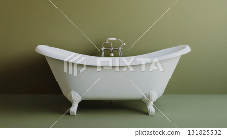 Elegant vintage bathtub displayed against a muted green wall in a serene bathroom setting Elegant vintage bathtub displayed against a muted green wall in a serene bathroom setting 131825532