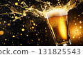 Golden beer splashing in a glass with sparkling droplets against a dark background 131825543