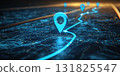 Futuristic mapping technology showcased with glowing location markers on a digital map at dusk 131825547