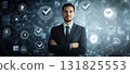Business professional stands confidently amidst digital interface with success indicators in modern office 131825553