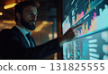 Professional analyzing data trends on a high-tech display during a corporate meeting in a modern office environment 131825555