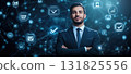 Business professional standing confidently among digital icons representing technology and innovation in a modern workspace 131825556