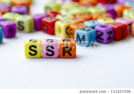 SSR text on multicolored cube representing Sustainable Systems Restoration. Conservation concept. 131825596