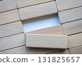 Top view of wooden blocks on white background with customizable space for text. 131825657