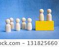 Pairs of wooden figures stand on yellow wooden blocks illustrating competition, comparison, and organizational silos. 131825660