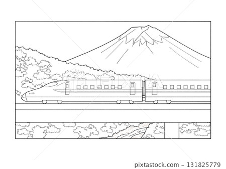 Black and white illustration of Mt. Fuji and the Shinkansen 131825779