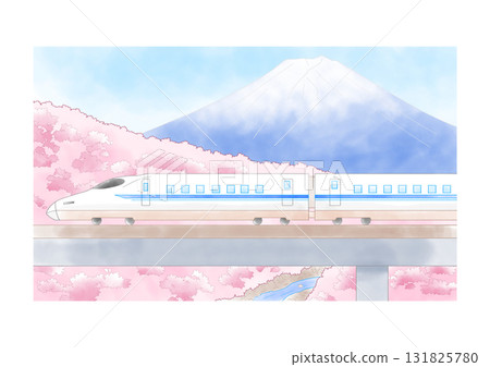 Watercolor illustration of a bullet train, cherry blossoms, and Mt. Fuji Watercolor illustration of a bullet train, cherry blossoms, and Mt. Fuji 131825780