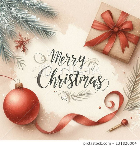 An illustration with a margin where Merry Christmas stands out against a watercolor beige background 131826004