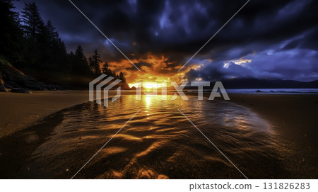 Breathtaking Sunset Over Beach with Dramatic Clouds and Reflections in Calm Water at Dusk Breathtaking Sunset Over Beach with Dramatic Clouds and Reflections in Calm Water at Dusk 131826283