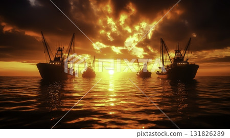 Majestic Sunset Over Fishing Boats in Tranquil Ocean Waters with Stunning Dynamic Cloud Patterns 131826289