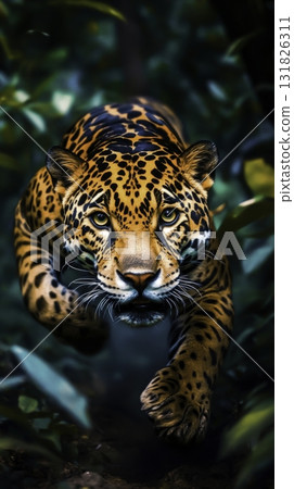 Majestic Leopard Running Through Lush Green Jungle with Intense Gaze and Stunning Fur Patterns Majestic Leopard Running Through Lush Green Jungle with Intense Gaze and Stunning Fur Patterns 131826311