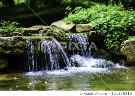 Tranquil Stream Flowing Over Rocks Surrounded by Lush Greenery in a Peaceful Forest Setting Tranquil Stream Flowing Over Rocks Surrounded by Lush Greenery in a Peaceful Forest Setting 131826319