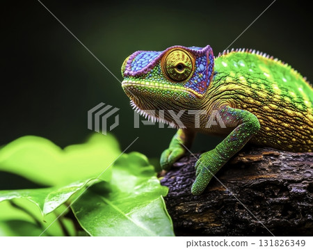 Colorful Chameleon Perched on Branch with Vibrant Green Leaves in a Stunning Rich Background Colorful Chameleon Perched on Branch with Vibrant Green Leaves in a Stunning Rich Background 131826349